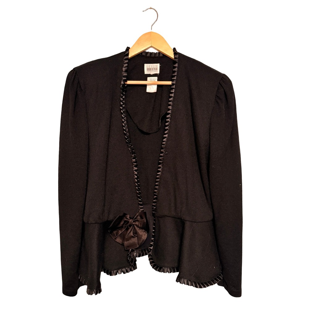 Vintage Leslie Fay Collection ILGWU Blazer 12 Black Ruffle Satin Trim Bow Peplum